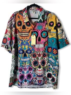NWT Hardaddy Men’s Sugar Skull‎ Day Of Dead Hawaiian Camp Shirt Multicolor Sz XL